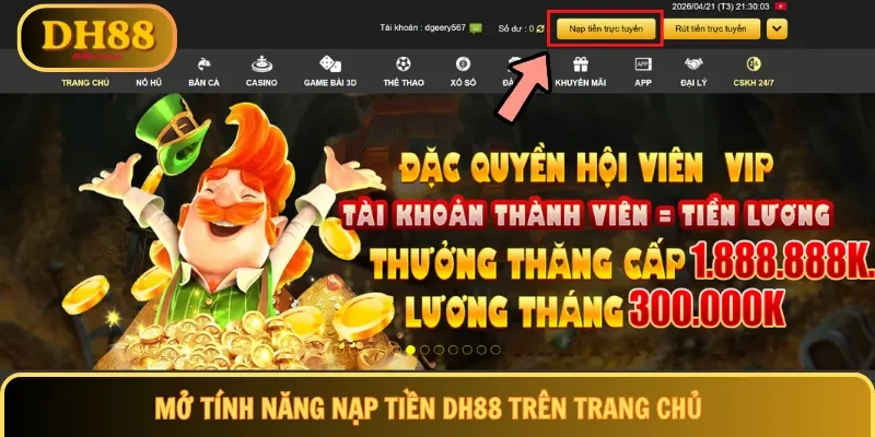 Mở tính năng nạp tiền DH88 trên trang chủ